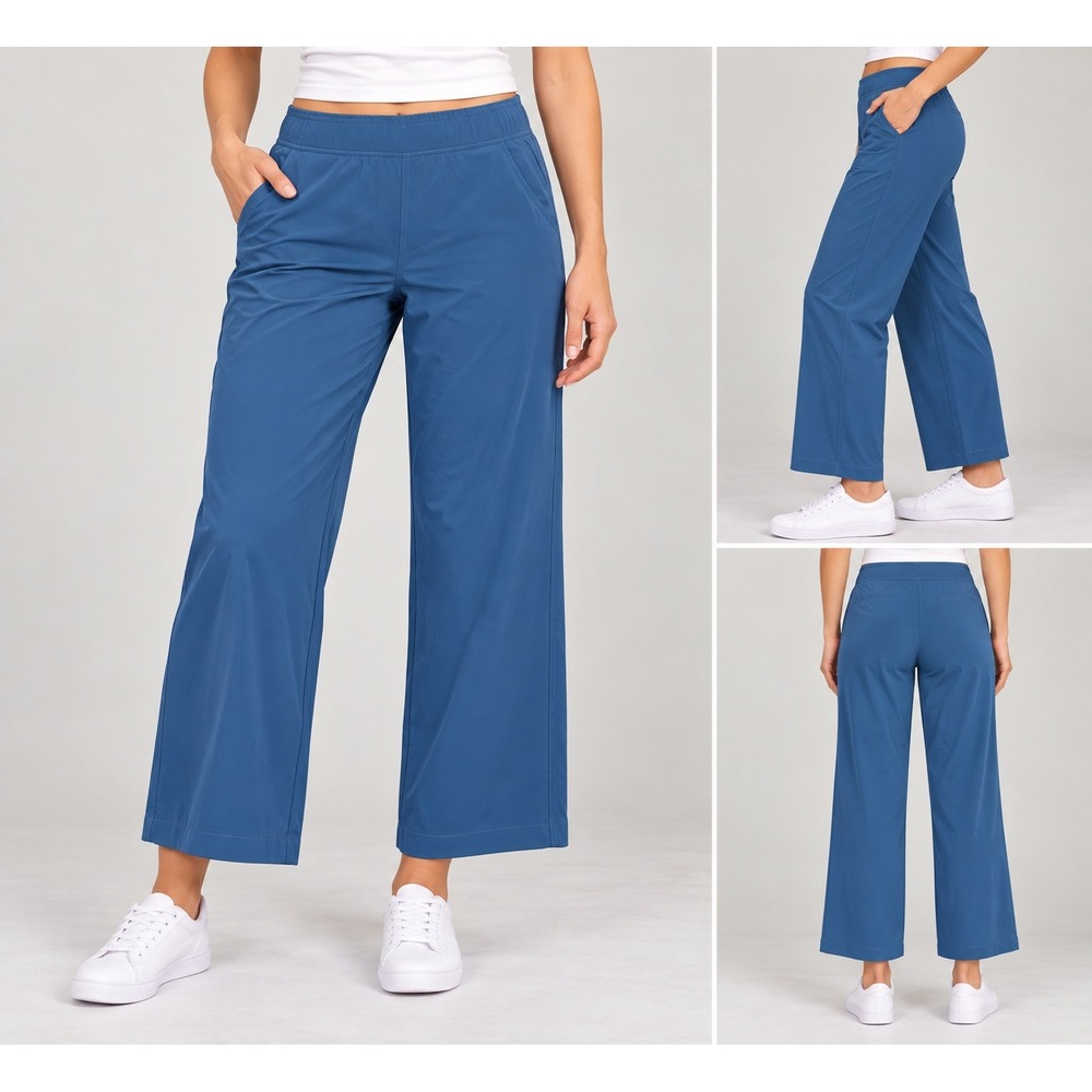 Eddie Bauer Traveler Crop Pant Blue Wide Leg Elastic Waist Hiking Large NEW